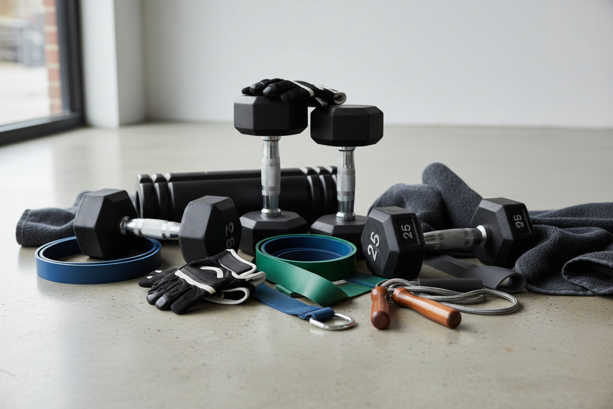 yerde spor eldiveni, birkaç dambıl, direnç lastikleri, premium ama hsfif dağınık şekilde yerde duruyorlar, arka yer gri açık renk 